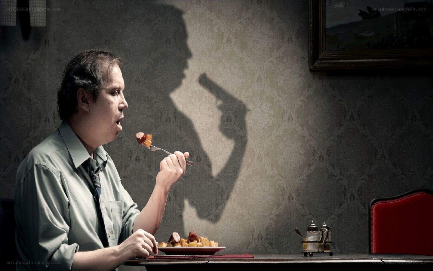 Man eating with shadow gun