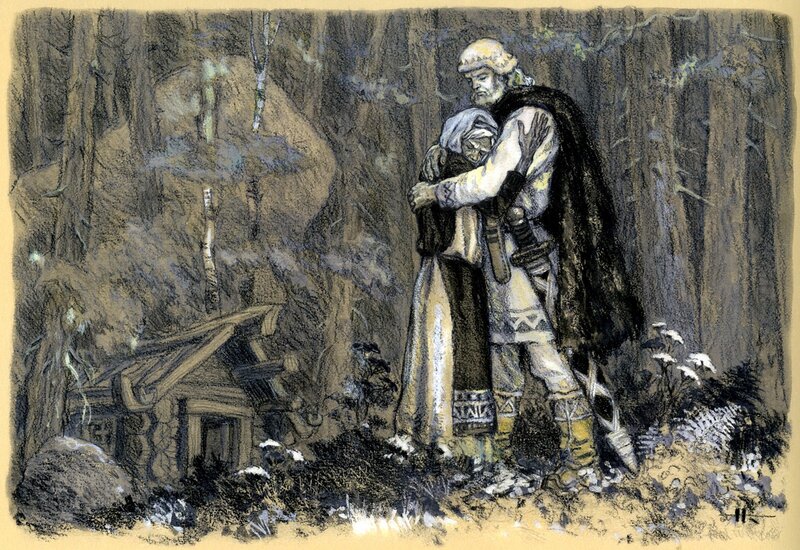 Man embracing a woman in the forest
