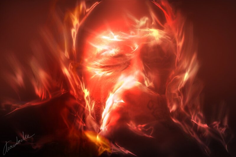 man engulfed in fiery energy