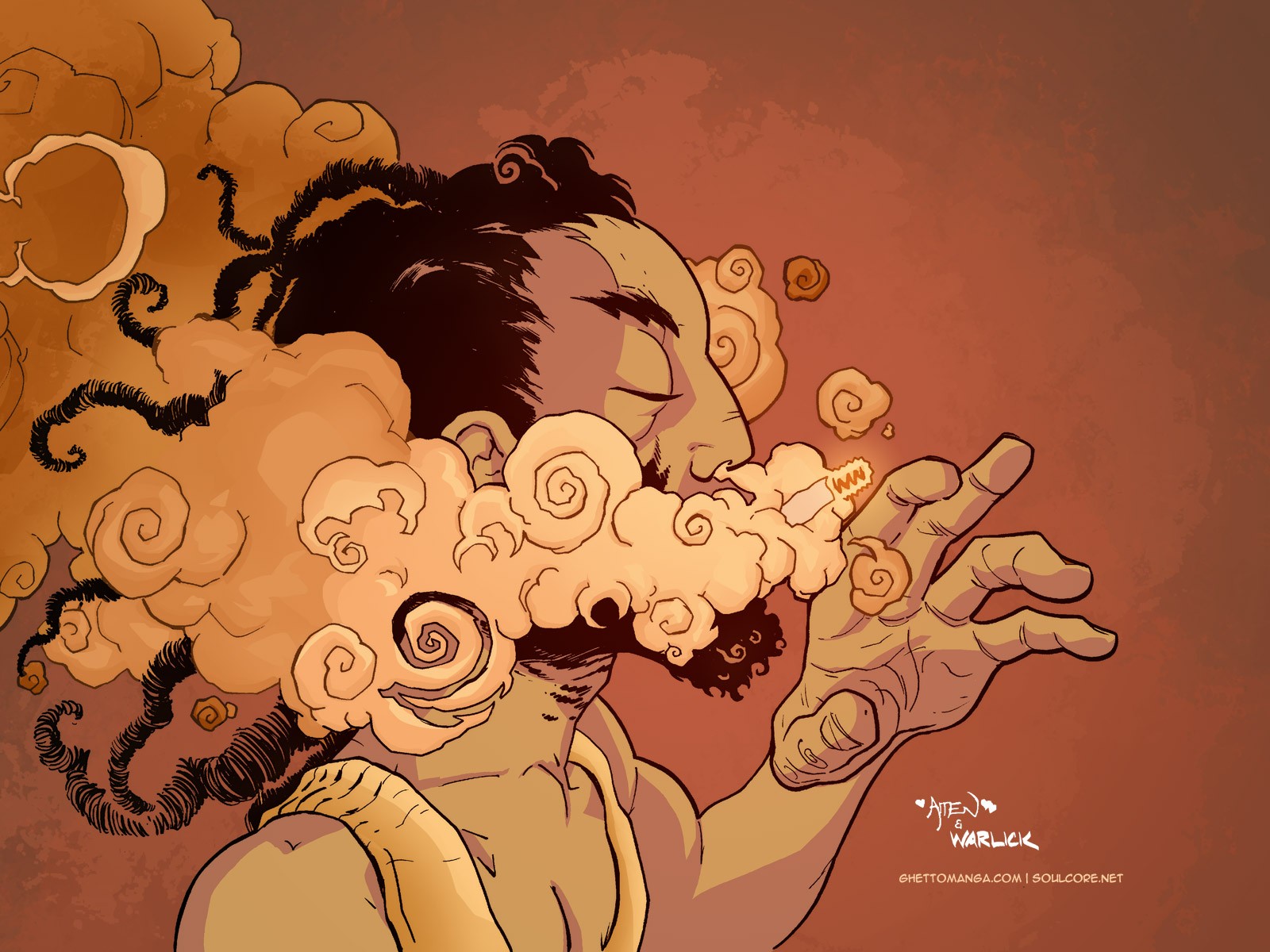 man exhaling smoke clouds