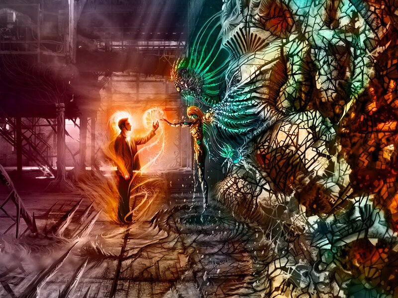 Man facing a giant creature