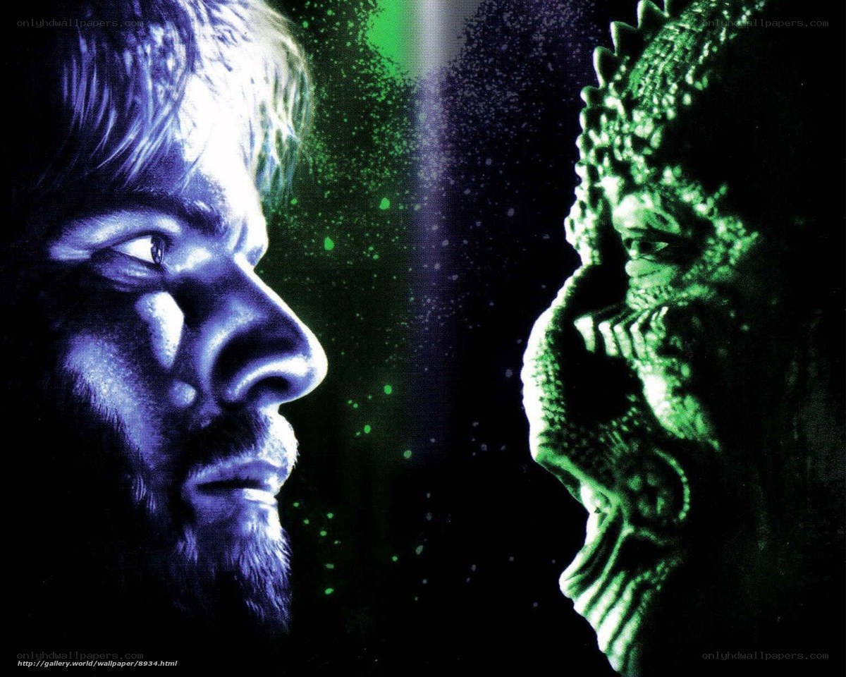 man facing alien creature
