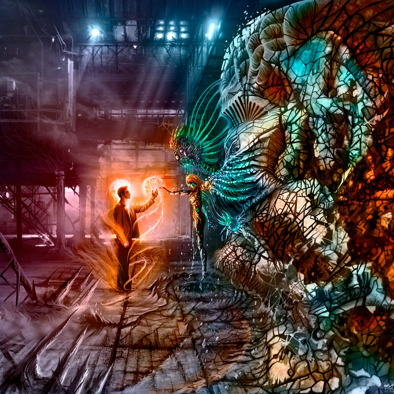 Man Facing Alien Creature — Orange, Dramatic