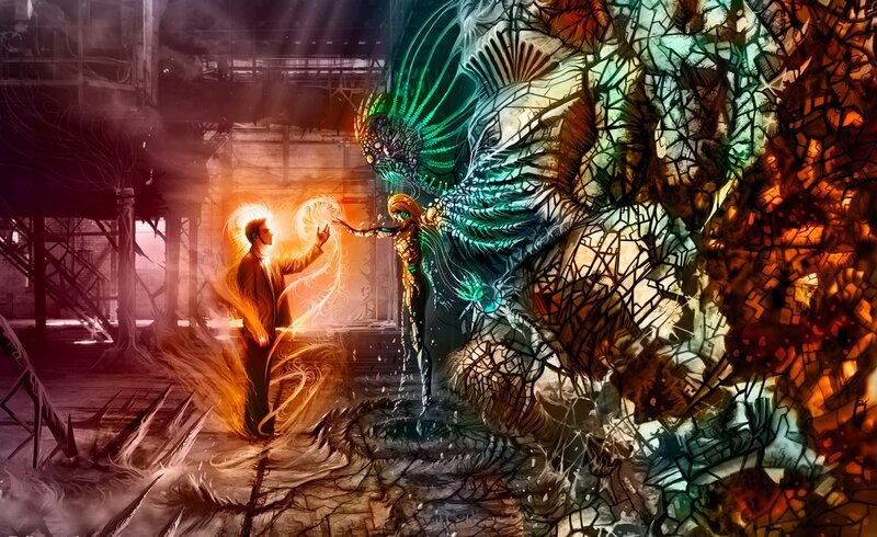Man Facing Alien Creature — Orange