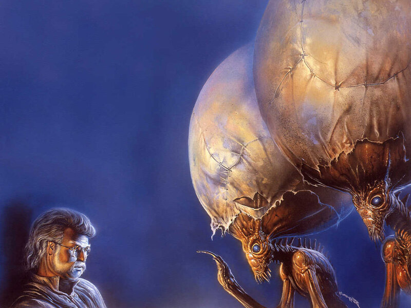 man facing alien creatures