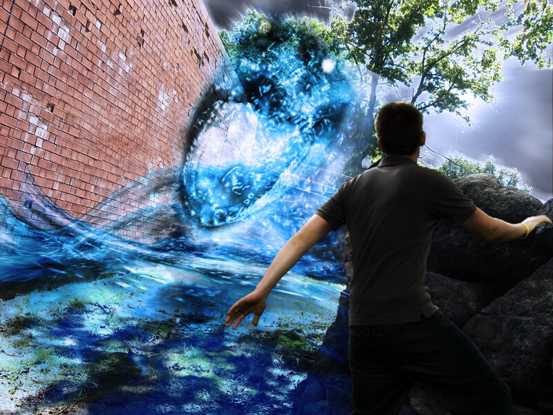 man facing blue energy vortex