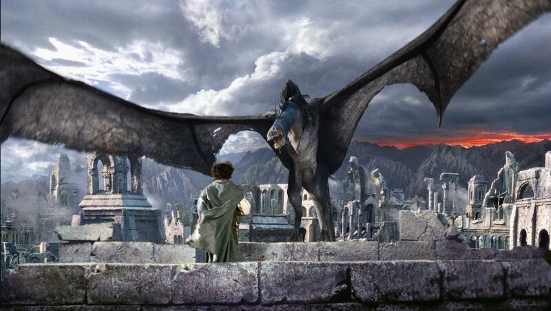 Man Facing Dragon — Gray, Dramatic