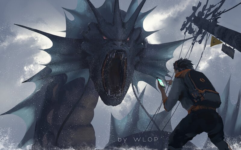 Man Facing Giant Dragon — Gray