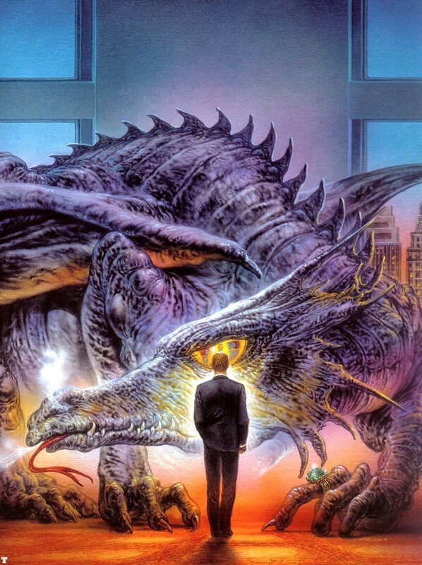 Man facing giant dragon