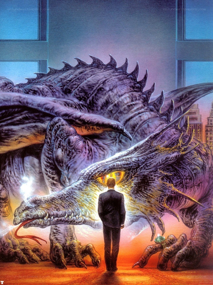 Man facing giant dragon