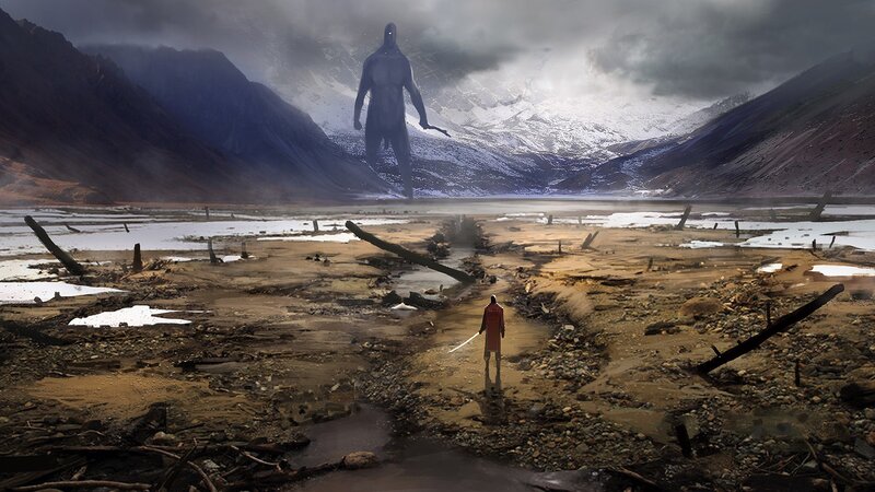 Man Facing Giant Figure