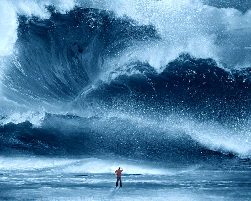 Man Facing Giant Wave