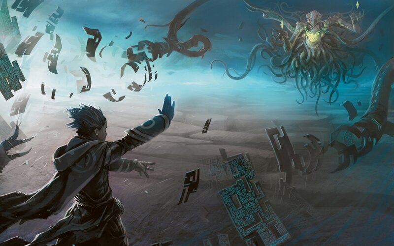 Man Facing Monster — Blue, Dramatic
