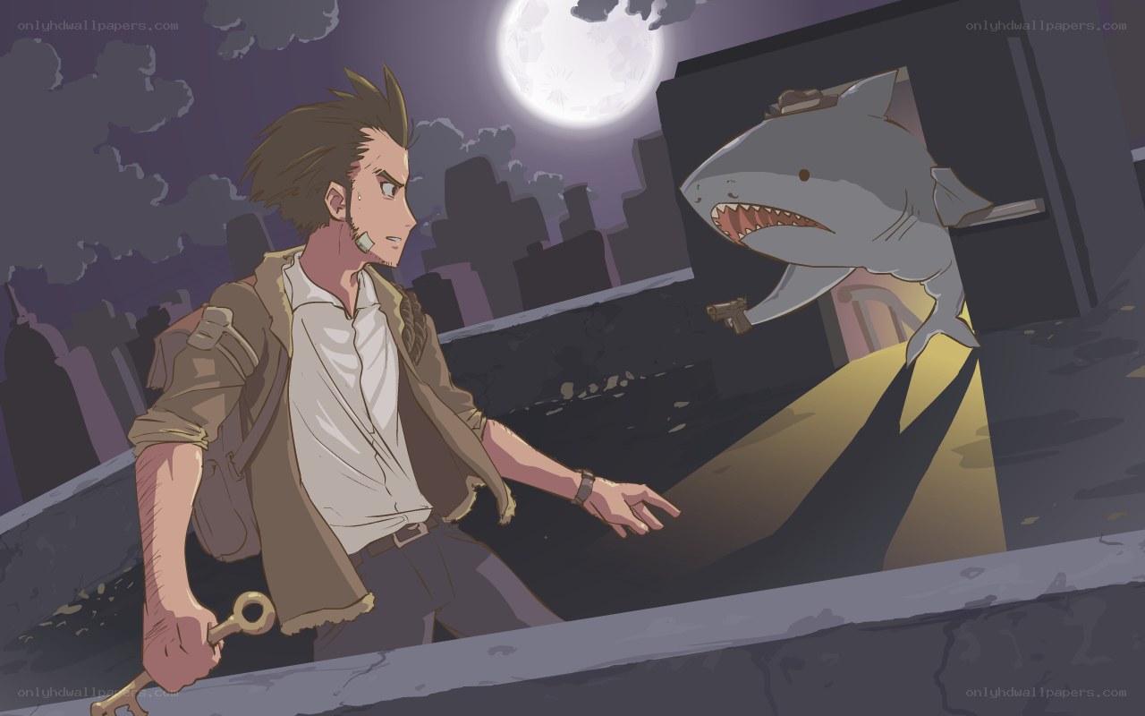 man facing shark in city