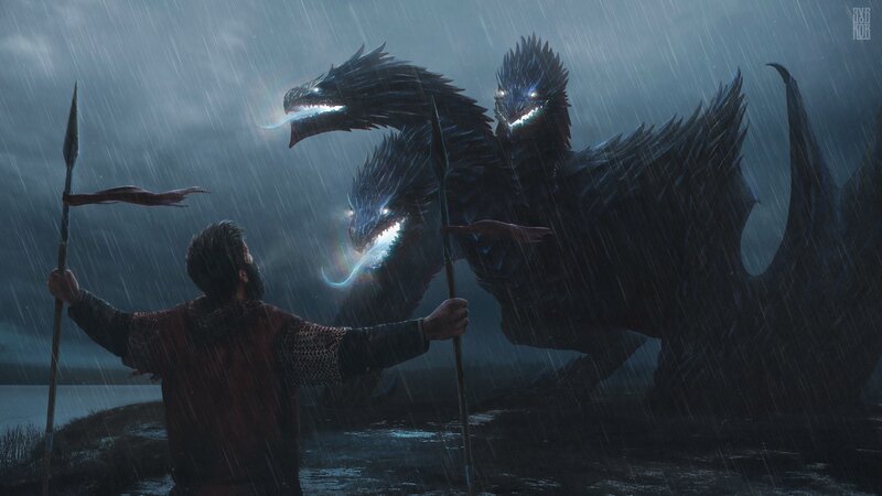 Man Facing Three-headed Dragon