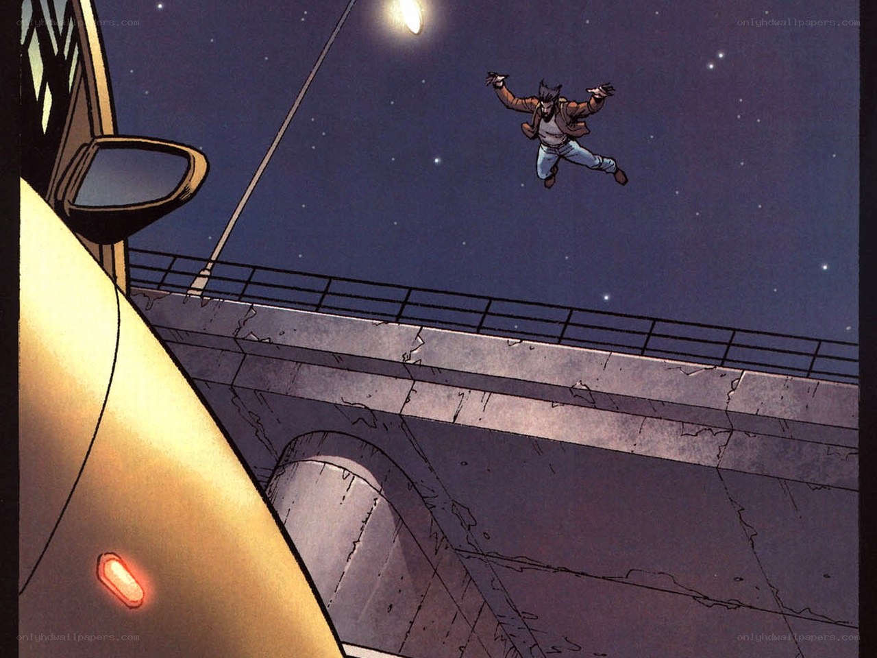 Man falling from bridge at night
