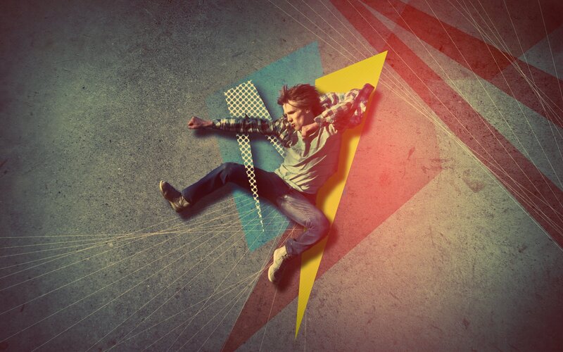 man falling in abstract space