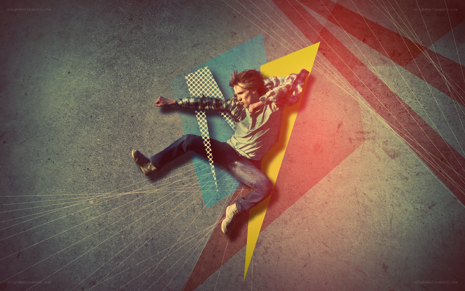 man falling in abstract space
