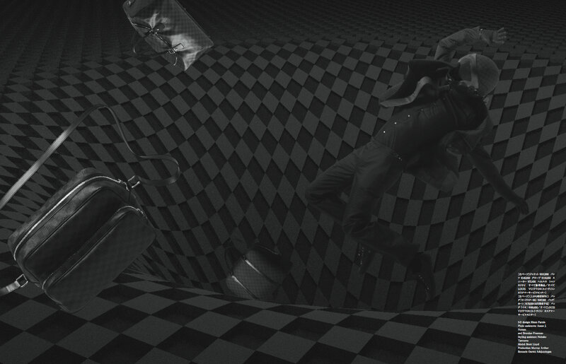 Man falling in checkered room