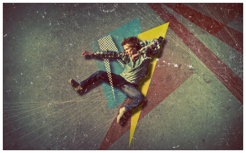 man falling on colorful background