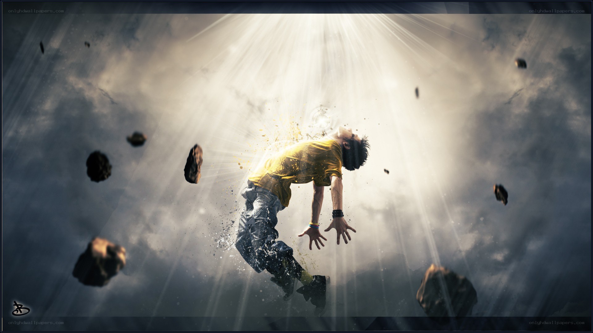 man falling through space