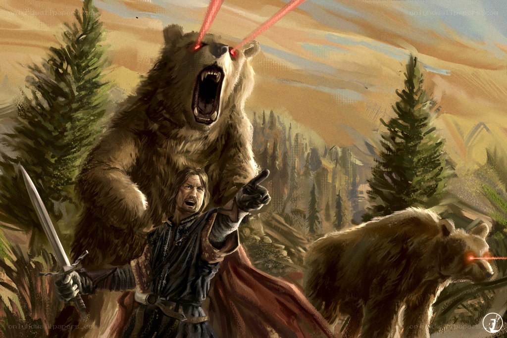 Man fighting laser-eyed bears