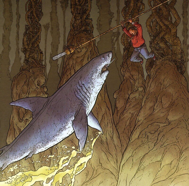 Man Fighting Shark — Brown, Dramatic