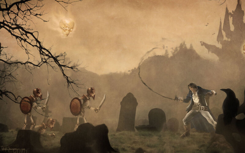 Man Fighting Skeletons — Brown, Dramatic