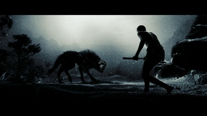 Man Fighting Wolf — Black, Dramatic