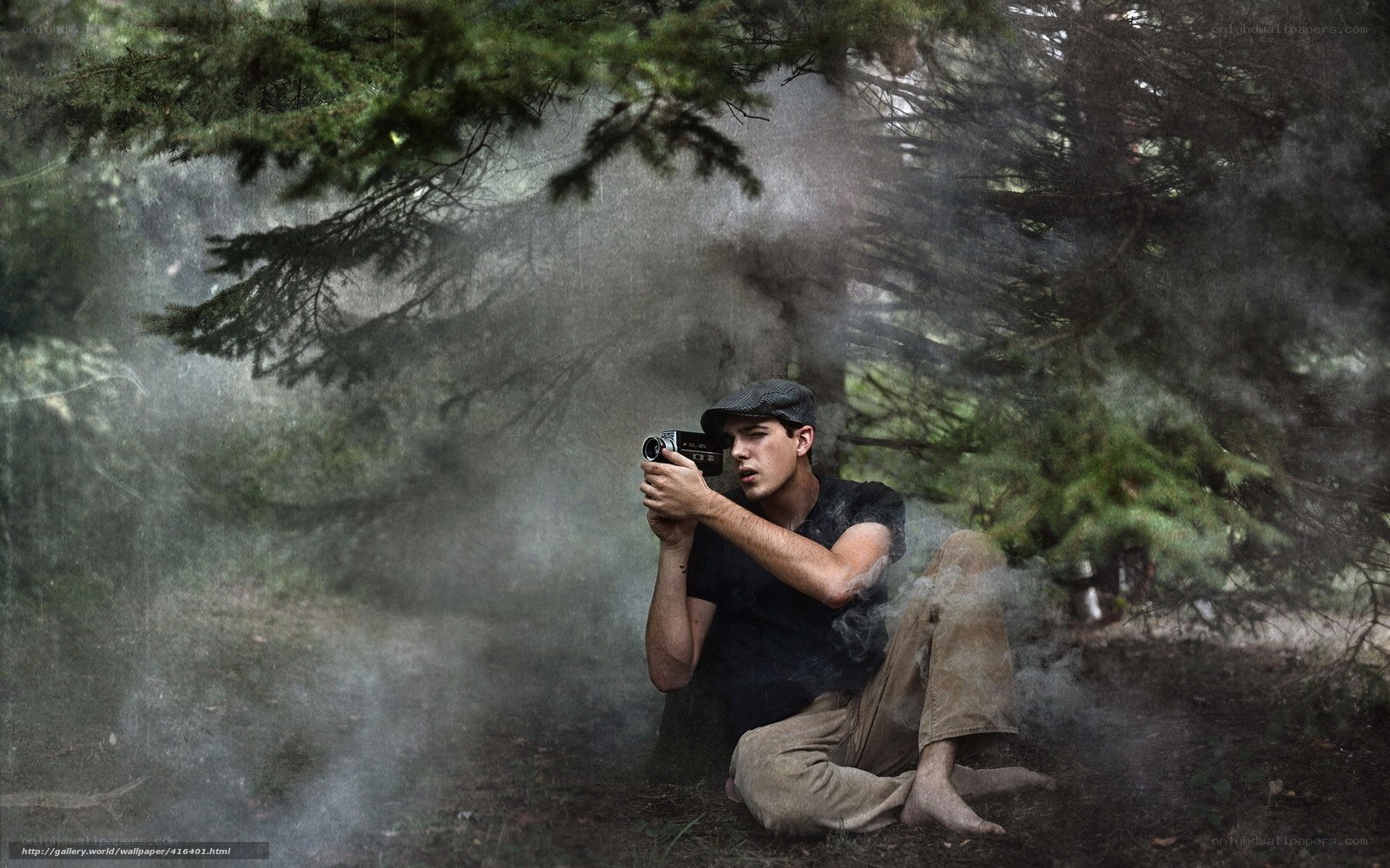 Man filming in forest mist