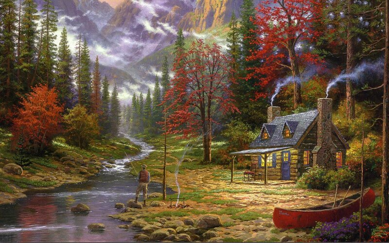 Man Fishing by Cabin — Green, Serene