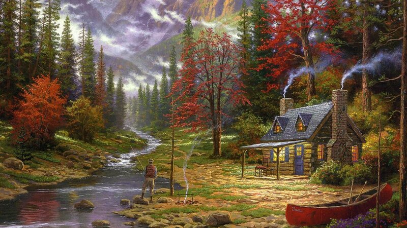 Man Fishing by Cabin — Green