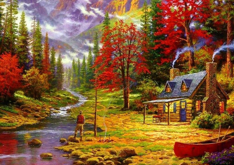 Man Fishing by Cabin — Red, Serene