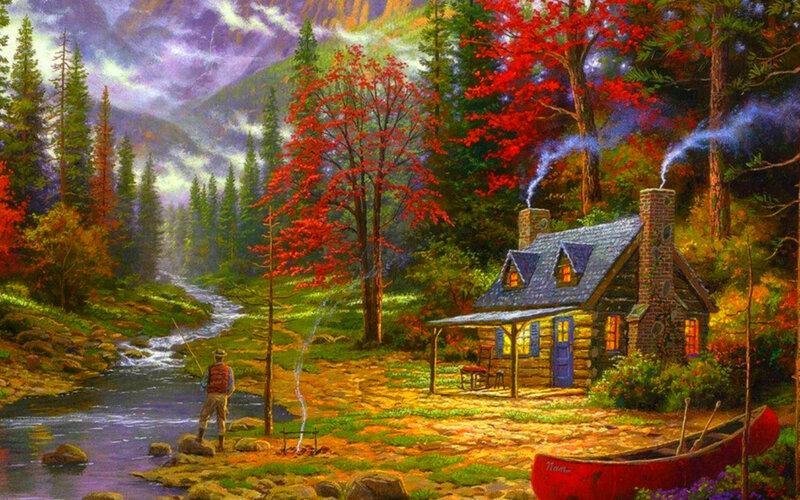 Man Fishing by Cabin — Red