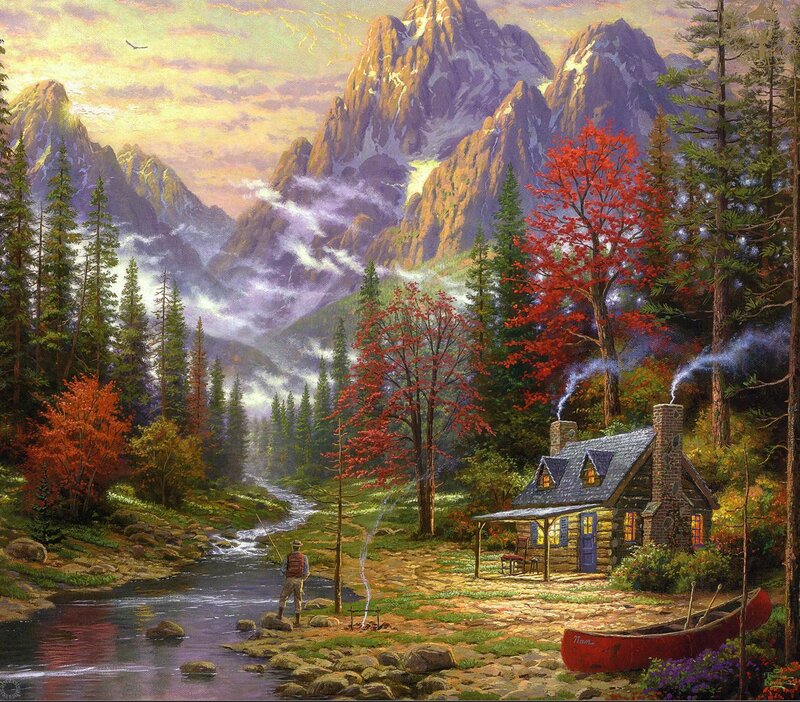 Man Fishing by Cabin