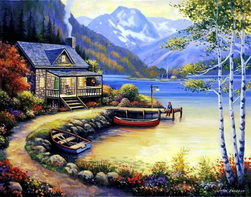Man Fishing by Lake — Blue, Serene