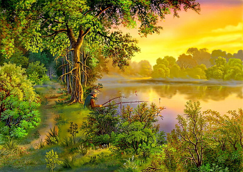 Man Fishing by River — Green