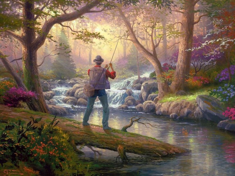 Man Fishing in Forest