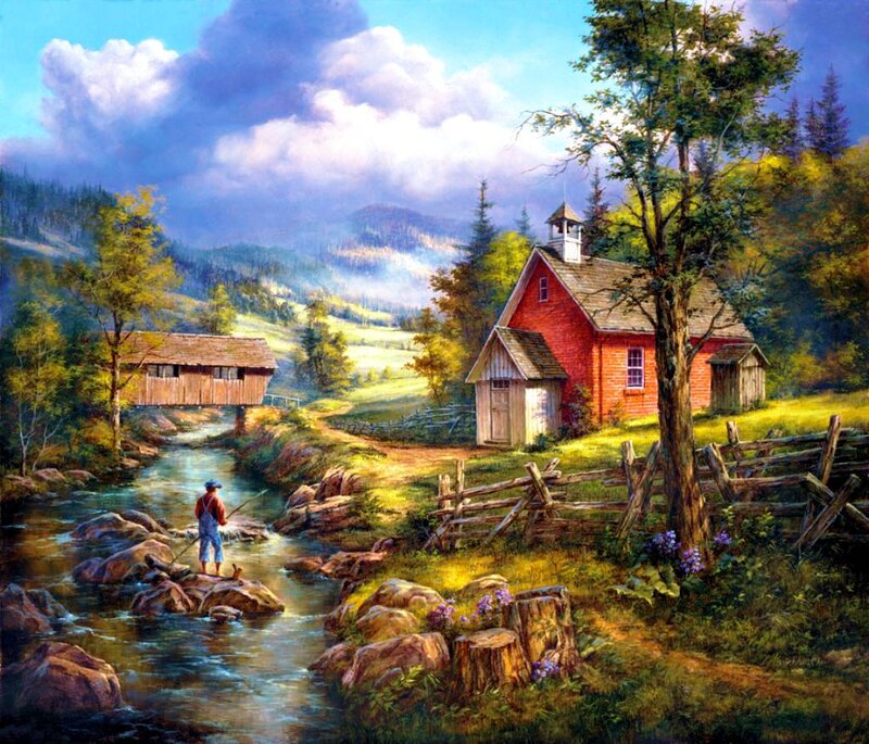 Man Fishing in Stream — Green, Serene