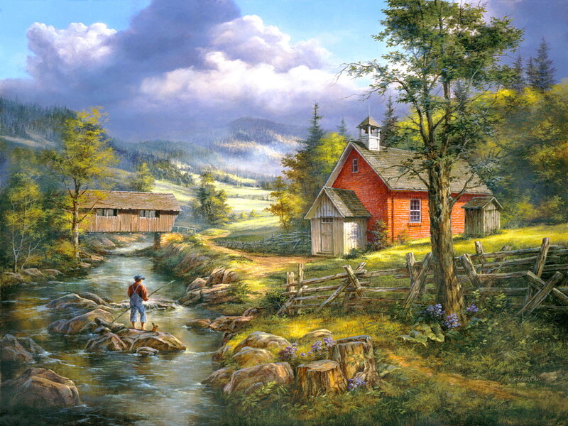Man Fishing in Stream — Green