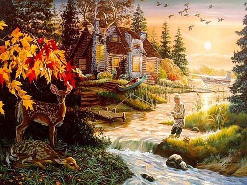 Man Fishing in Stream