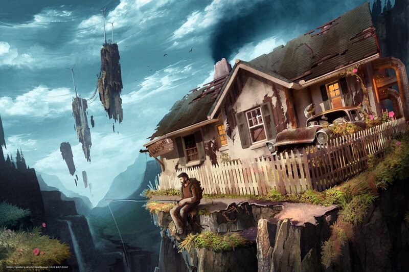 Man fishing on a cliffside house