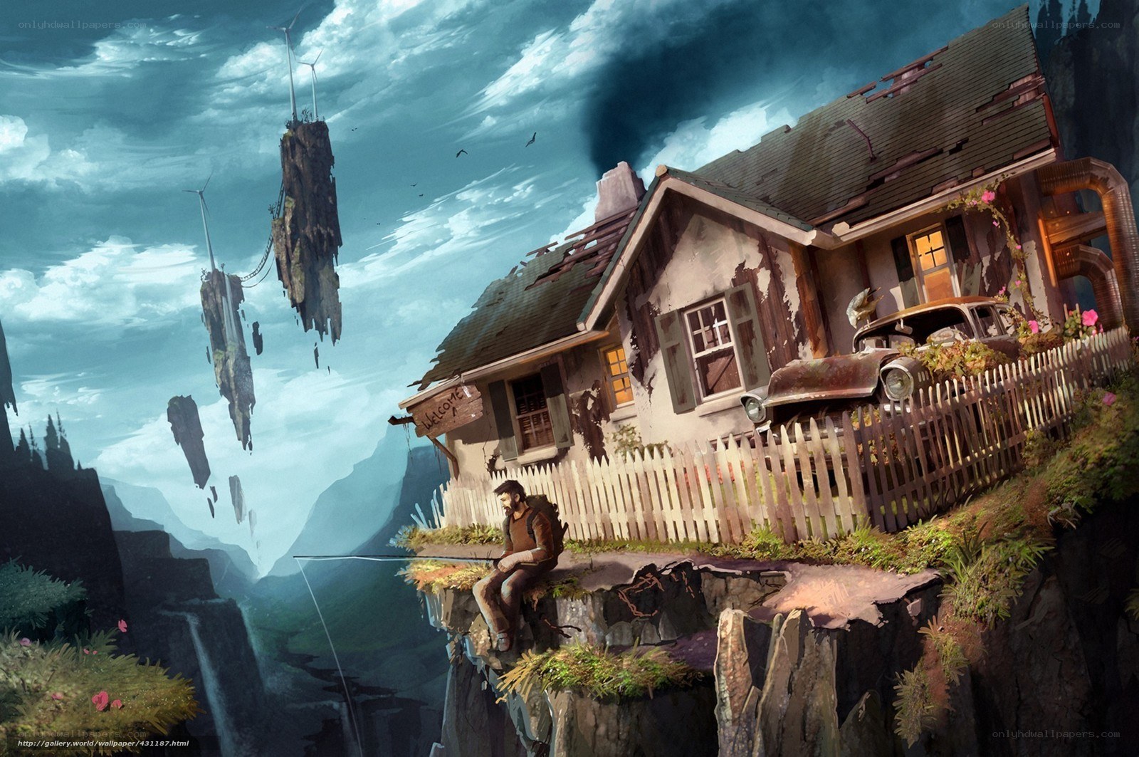 Man fishing on a cliffside house