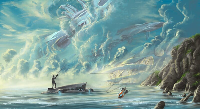 Man Fishing on Boat — Blue