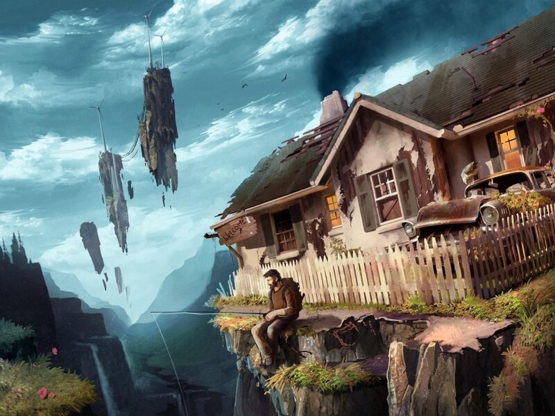 Man Fishing on Cliff — Blue