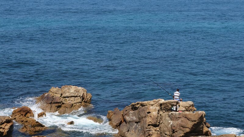 Man Fishing on Rocks — Blue