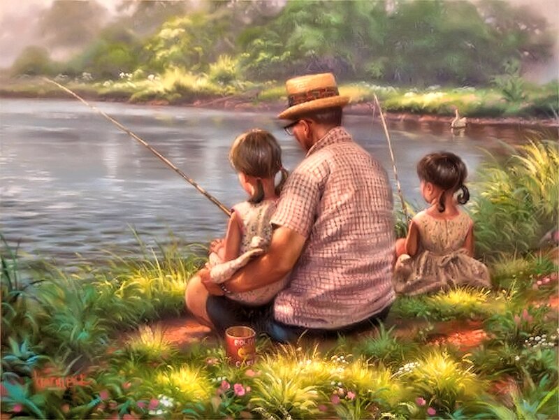 Man Fishing with Children — Green