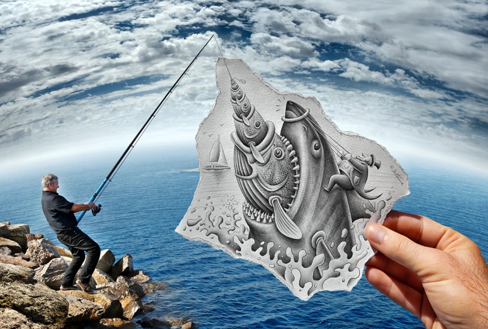man fishing with drawing