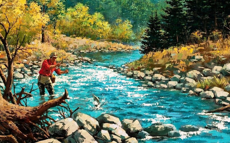 Man Fly Fishing in River — Blue, Serene