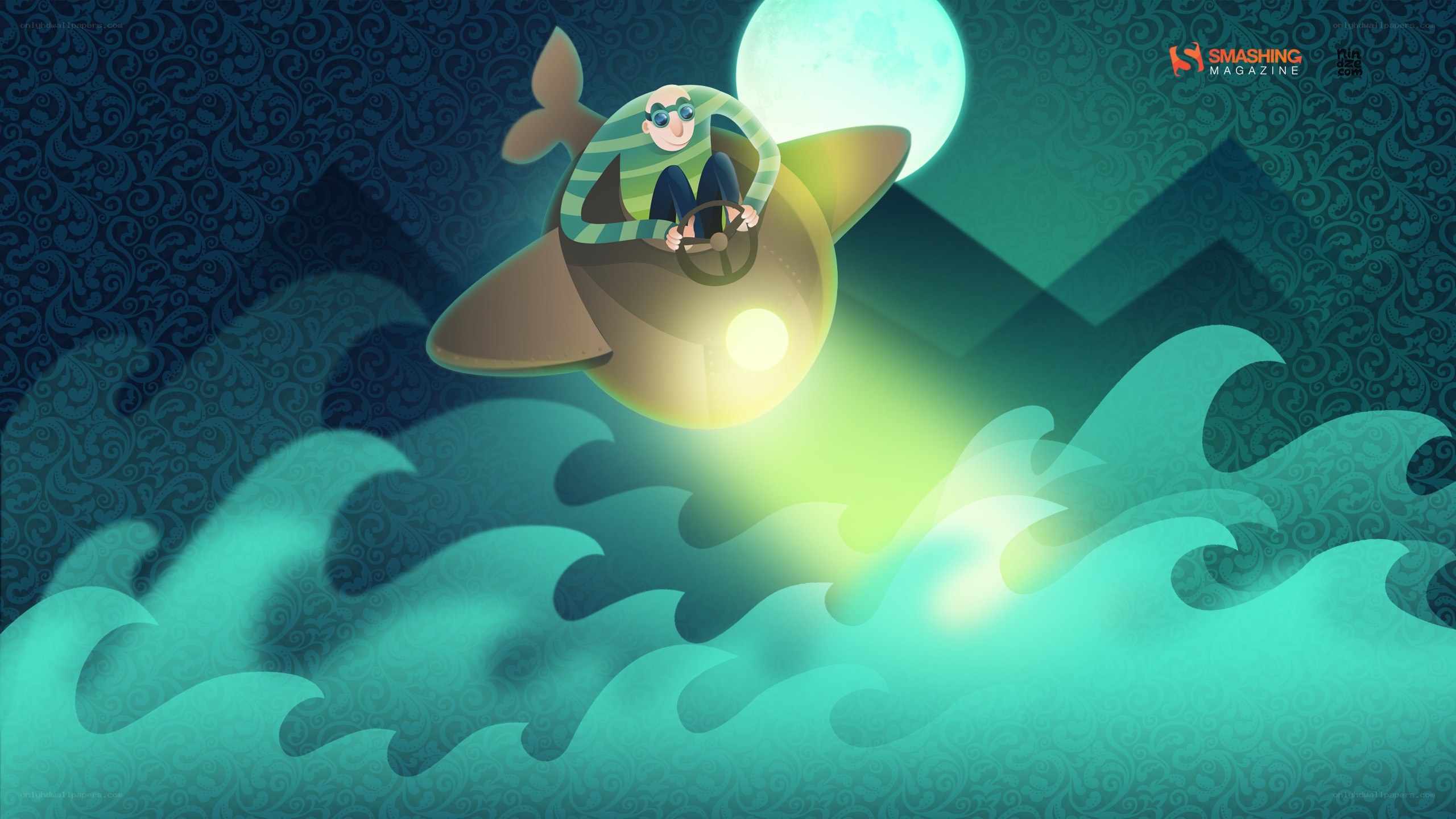 man flying submarine over waves